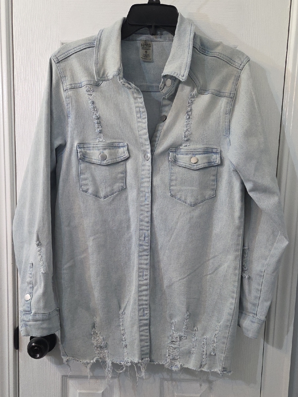 Light Wash Distressed Button-Down Shirt Jacket